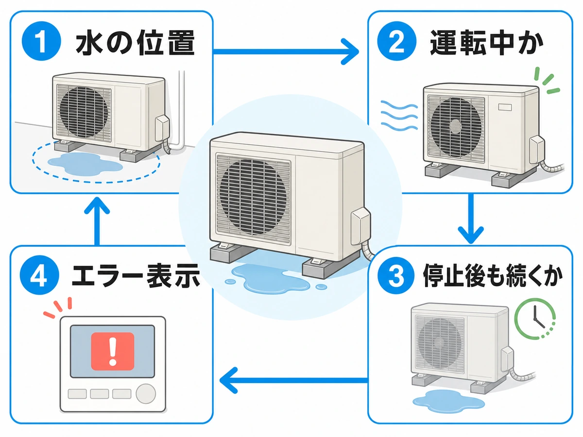 ヒートポンプ下の水を位置、運転中、停止後、エラー表示の順に確認する図