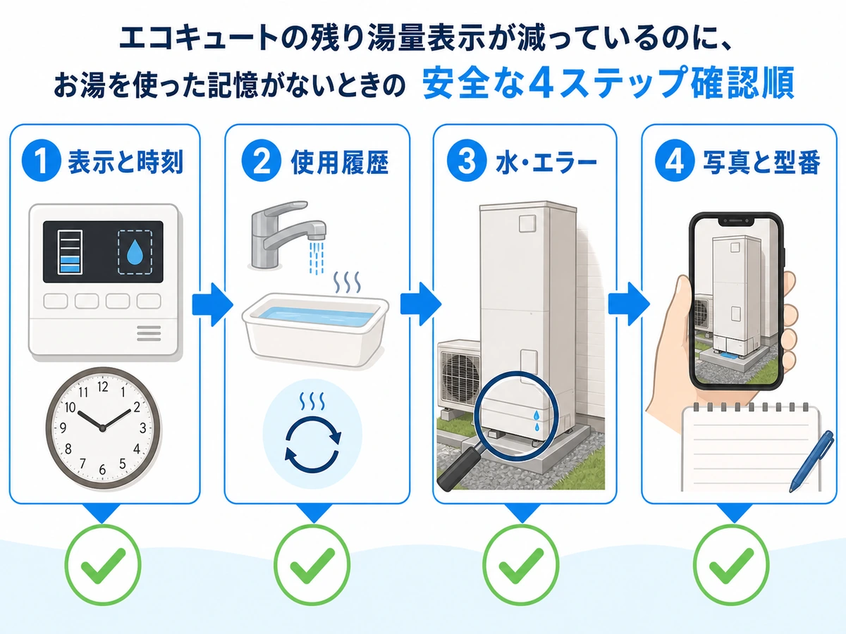 残湯表示が減ったときに表示時刻、使用履歴、水とエラー、写真と型番を確認する4段階