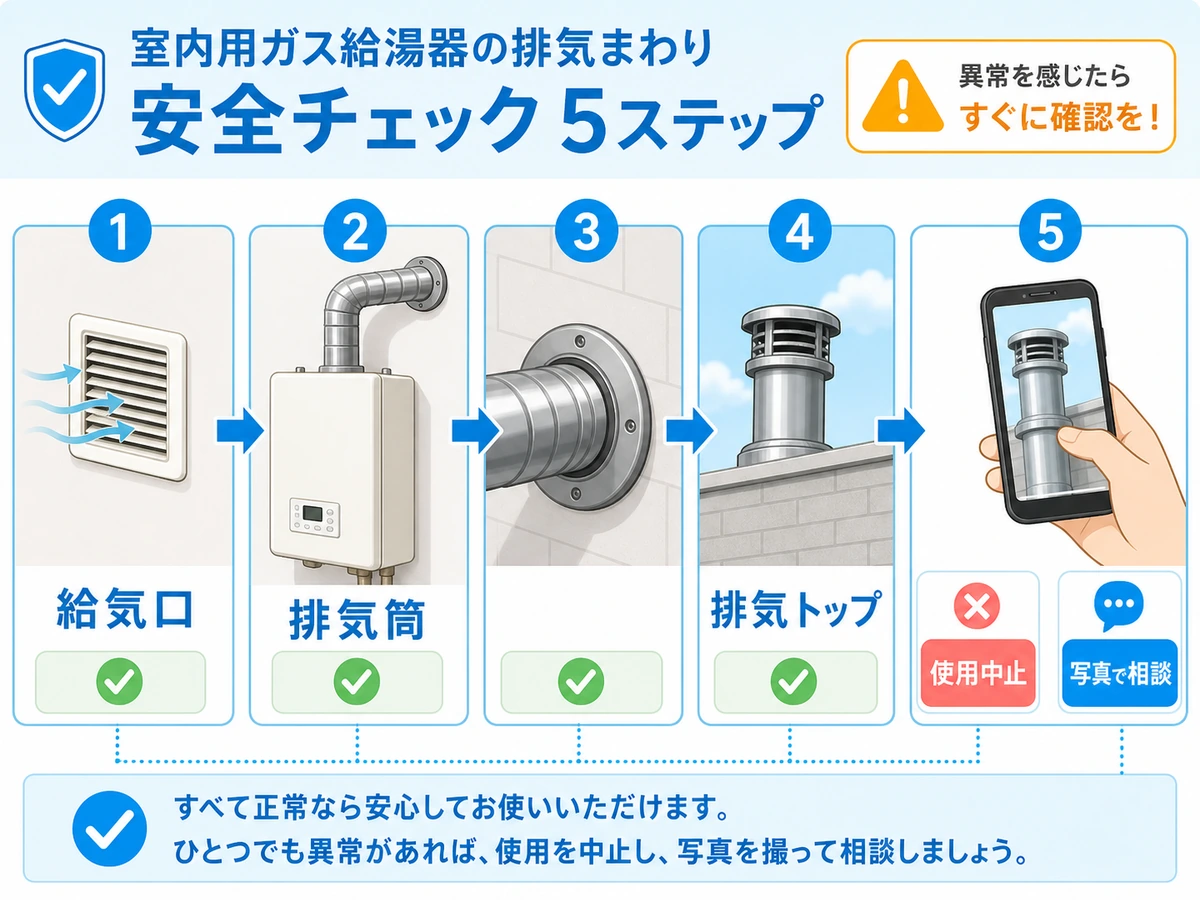 室内給湯器の給気口、排気筒、排気トップを順に確認して写真で相談する流れ