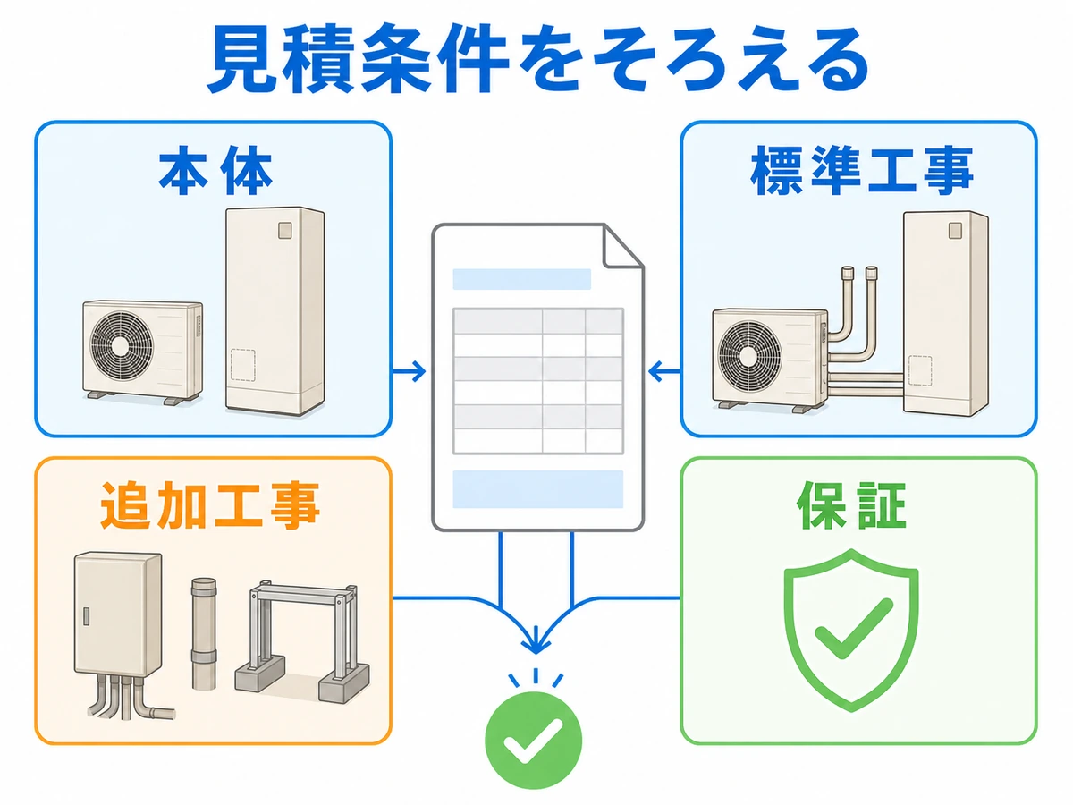 エコキュート見積もりの本体・標準工事・追加工事・保証を同じ条件で確認する図