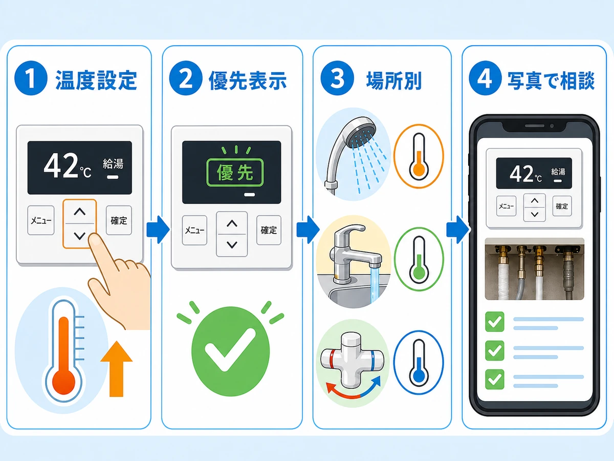 給湯器交換後にお湯がぬるい時の温度設定、優先表示、場所別確認、写真相談の流れ