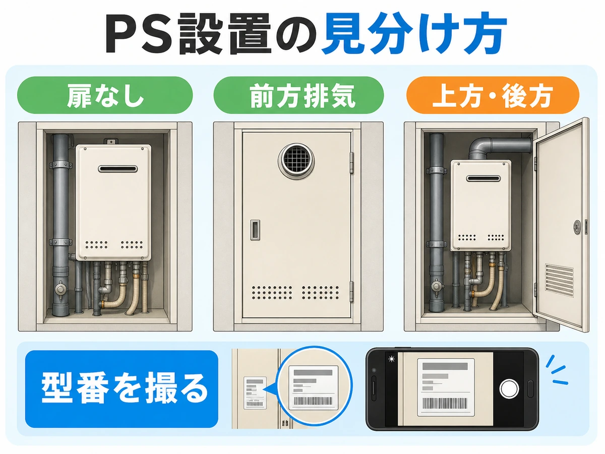 PS設置の扉なし・前方排気・上方後方の外観と型番撮影を比べる図