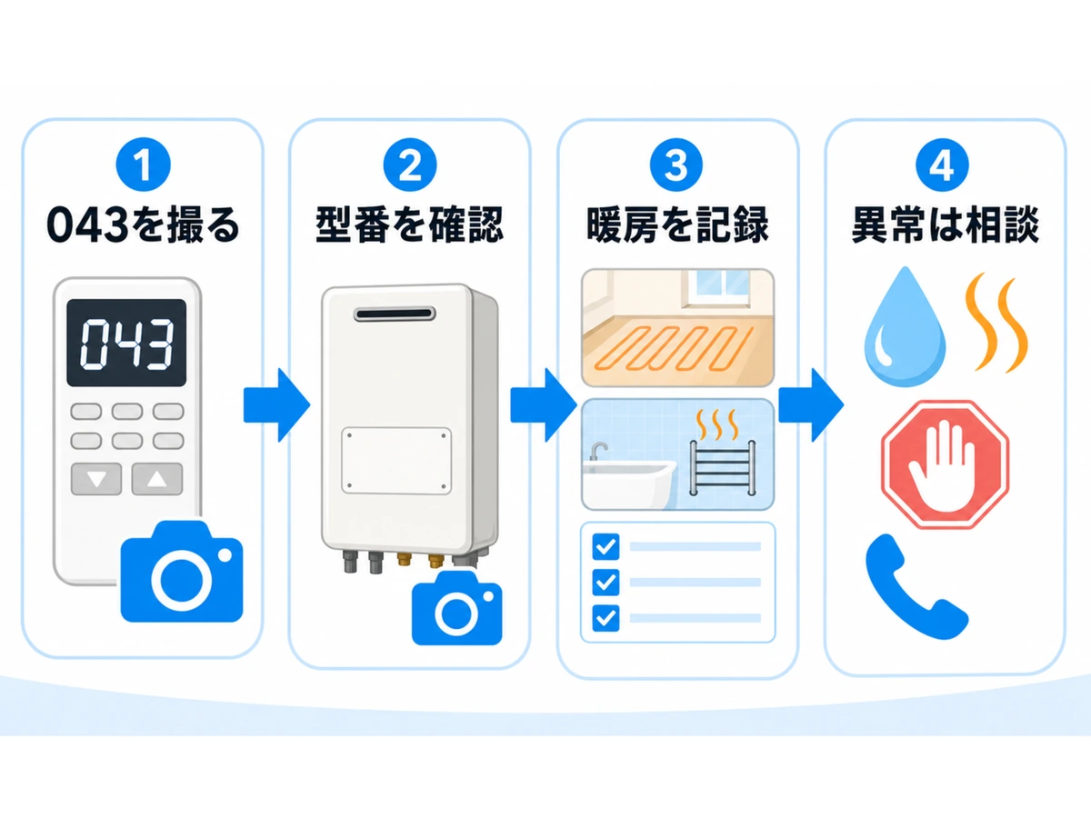 エラー043が出たときに型番と暖房状態を記録し、異常時は相談する確認フロー