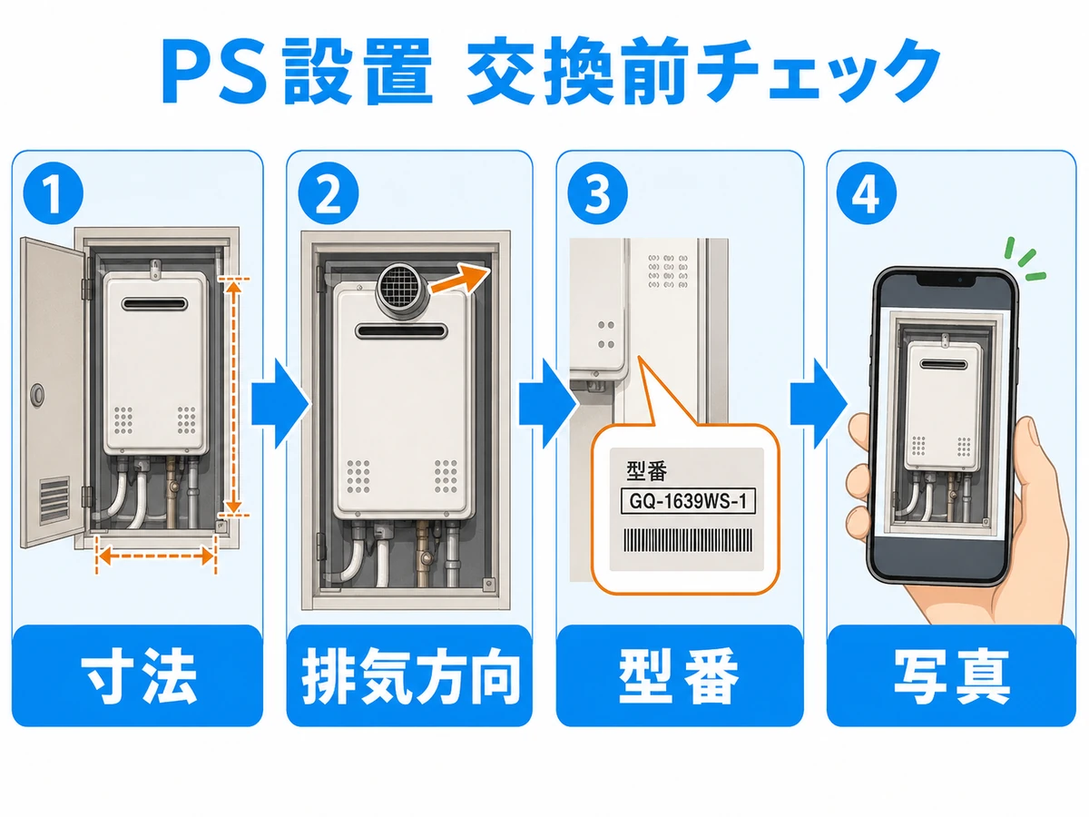PS設置給湯器の交換前に寸法、排気方向、型番、写真を確認する流れ