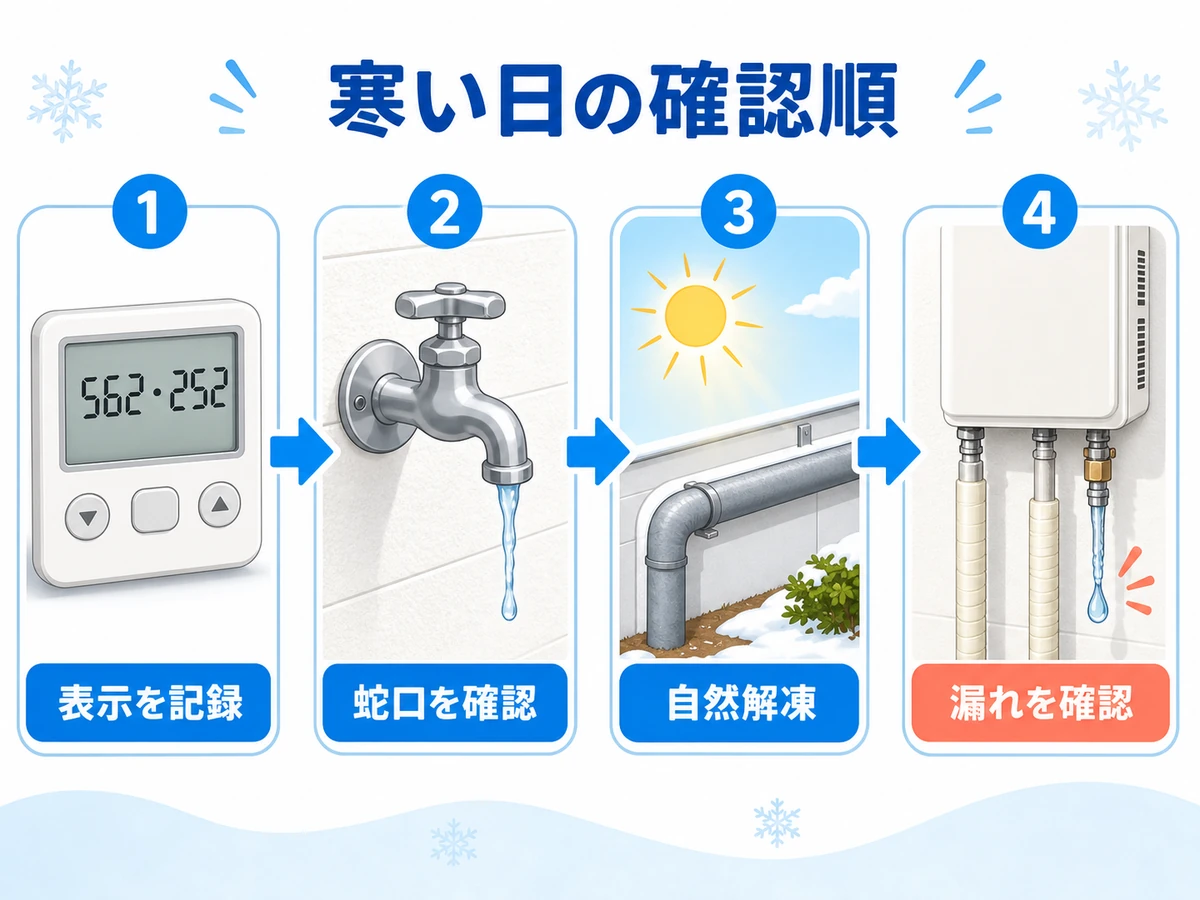 エラー表示の記録、蛇口確認、自然解凍、配管の漏れ確認の4段階