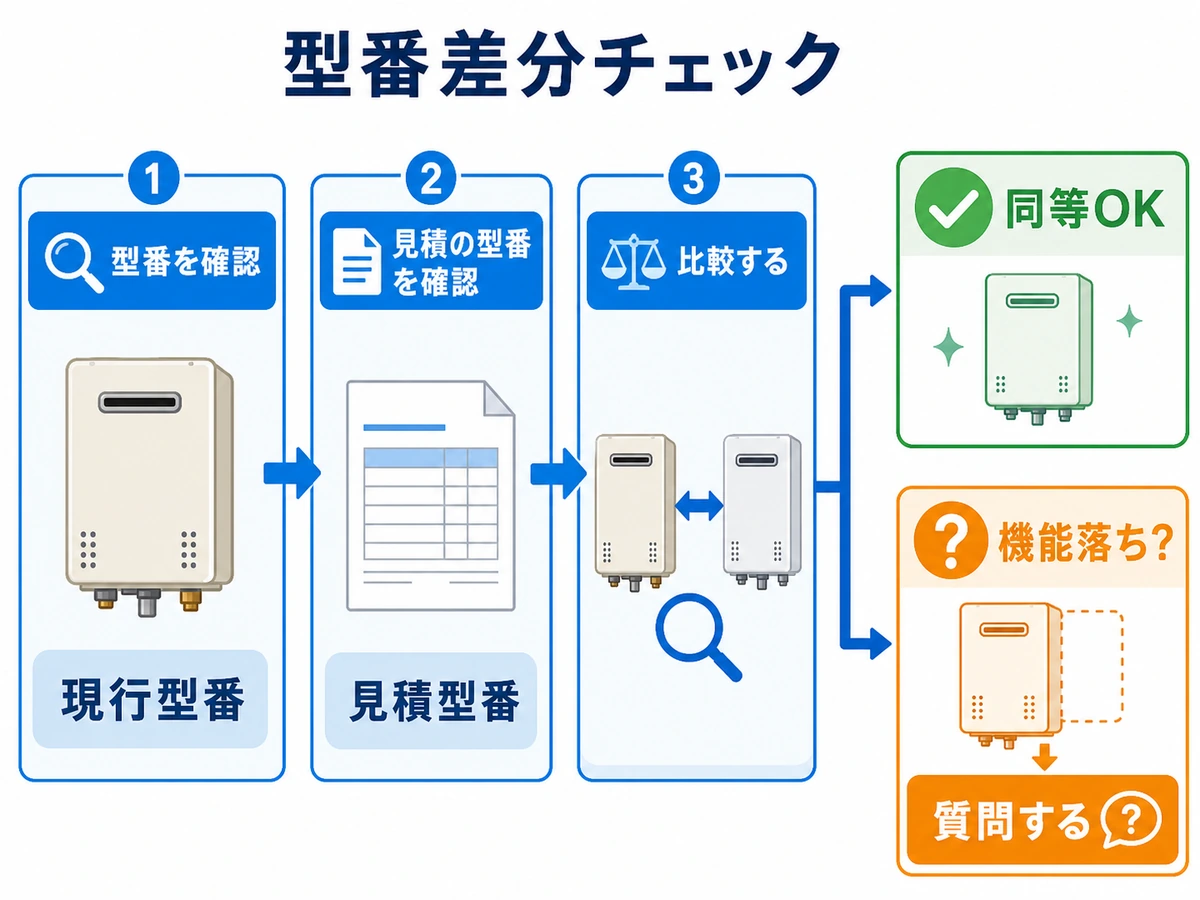 現行型番と見積型番を比べて同等か機能落ちか確認する流れ