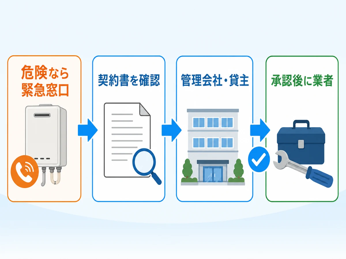 賃貸の給湯器故障で危険確認から管理会社・貸主、承認後の業者相談へ進む連絡順