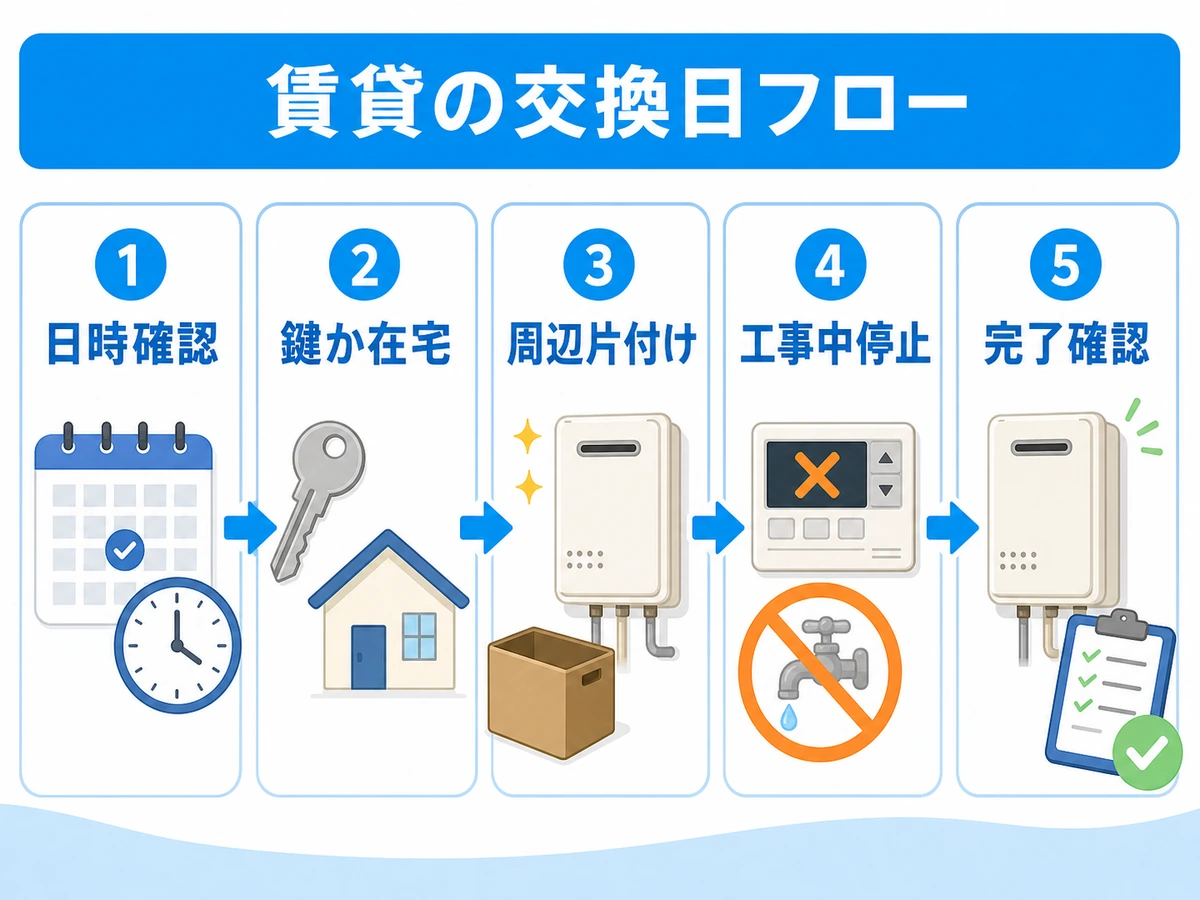 賃貸の給湯器交換日に日時確認から完了確認まで進める流れ