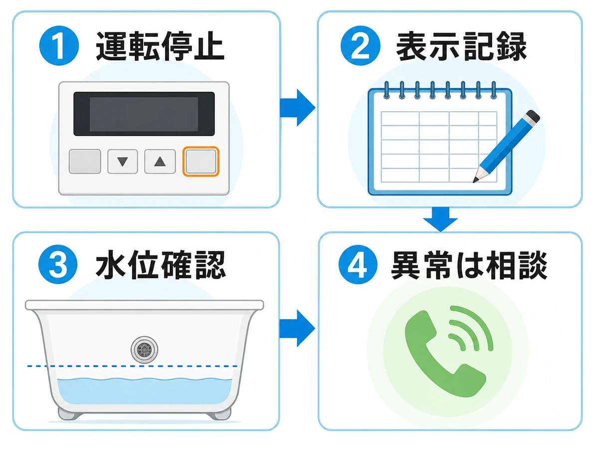 空の浴槽で追い焚きした後に運転停止、表示記録、水位確認、異常時相談を行う4段階