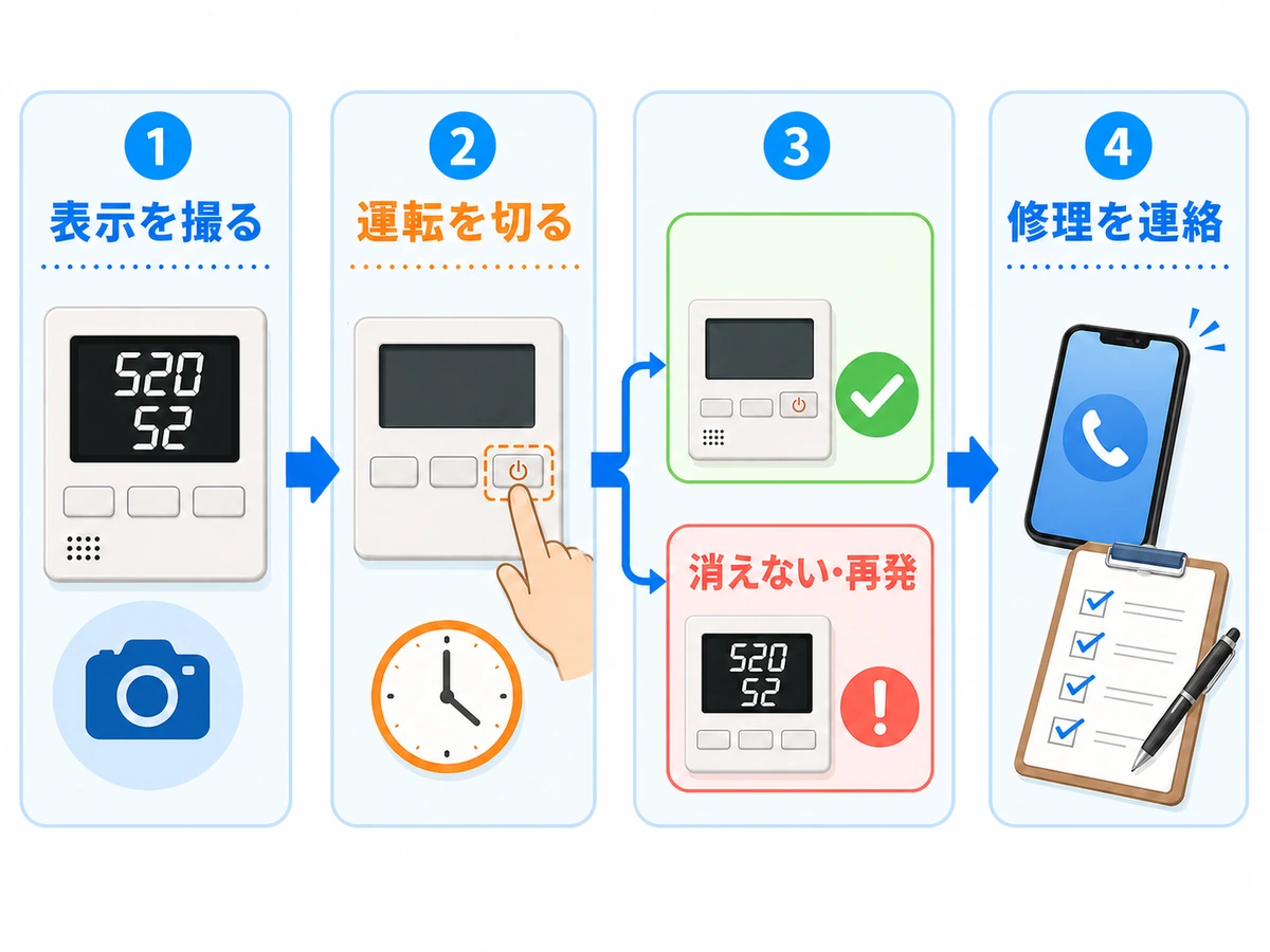 リンナイ給湯器の520・52で表示撮影、運転停止、再発確認、修理連絡へ進む判断フロー