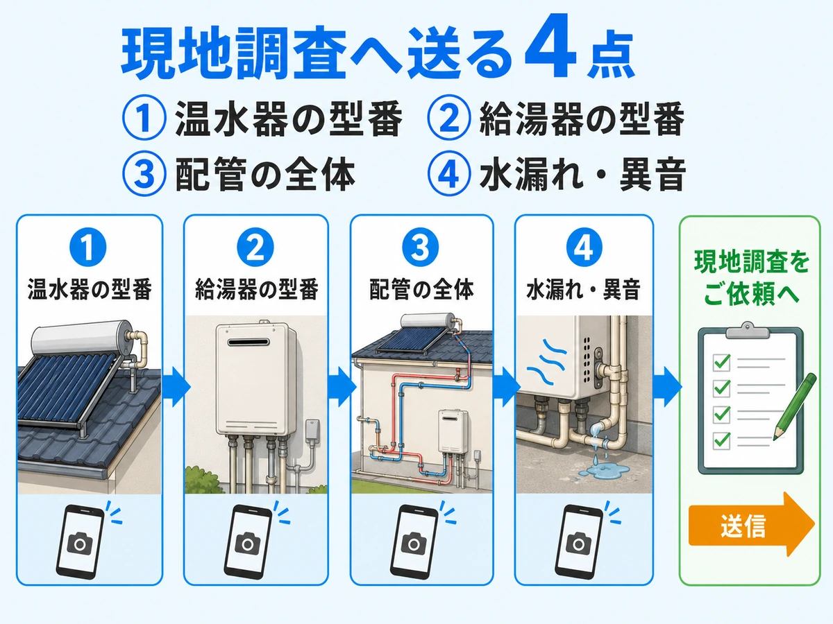 太陽熱温水器と給湯器の交換前に現地調査へ送る4点の写真