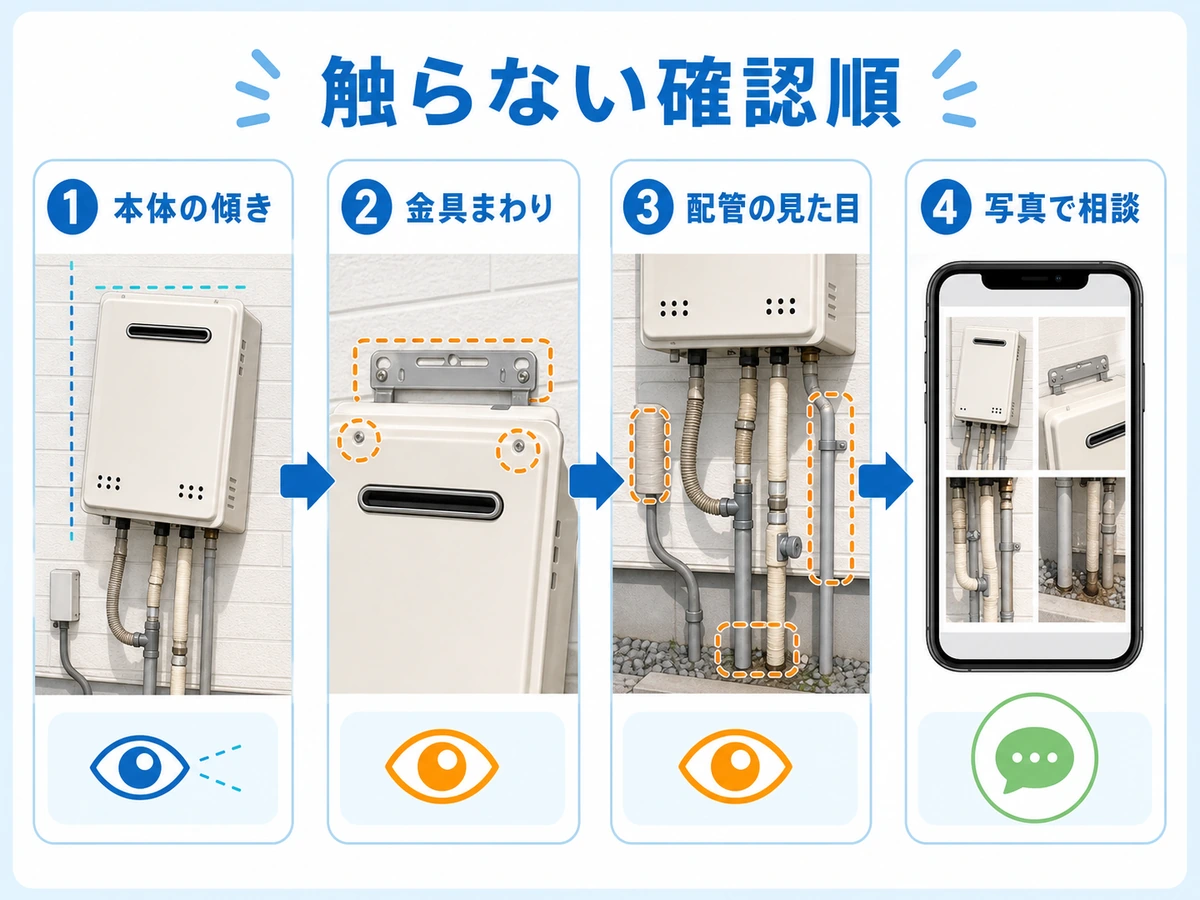 傾いた給湯器を触らずに、本体、金具、配管を見て写真で相談する4段階の確認順