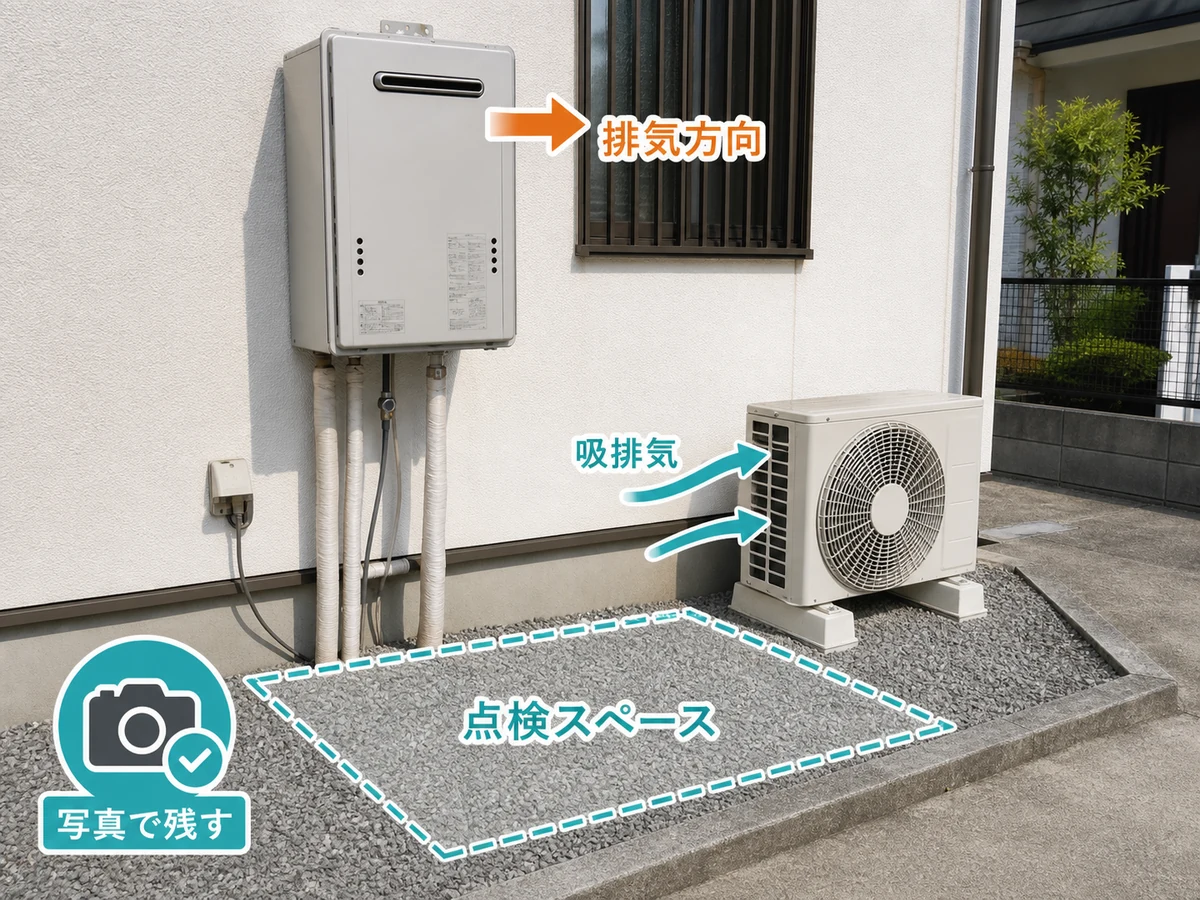 給湯器の排気方向とエアコン室外機の吸排気、点検スペースを同じ画角で確認する図
