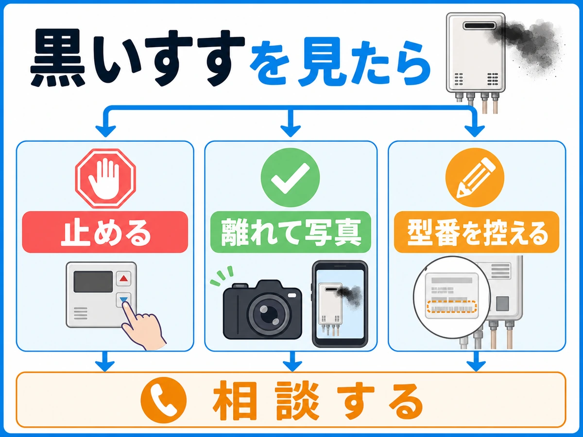 黒いすすを見たら止める、離れて写真、型番を控える、相談する流れ