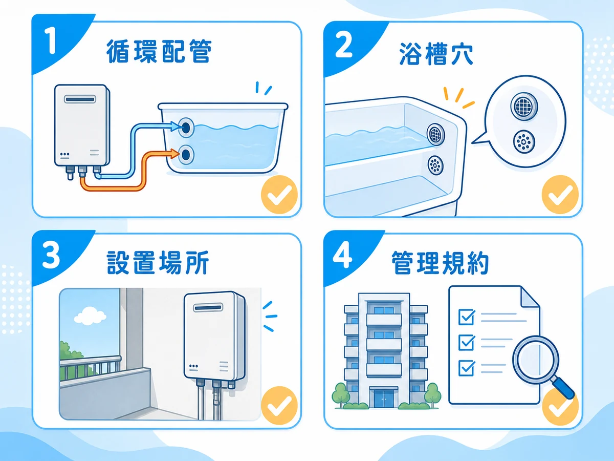 追い焚きありへ変更する前に確認する循環配管、浴槽穴、設置場所、管理規約の4項目