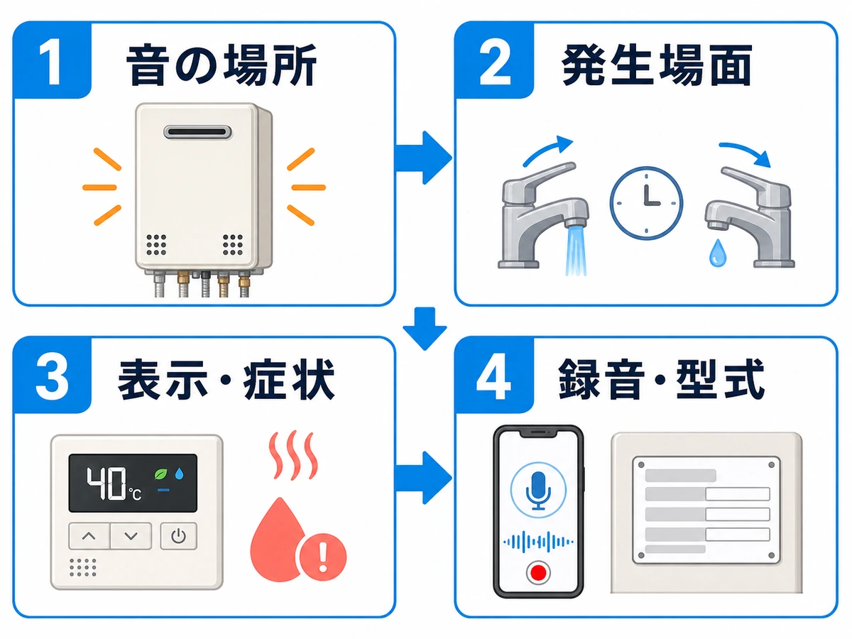 給湯器のカチカチ音について音の場所、発生場面、表示・症状、録音・型式を記録する4手順