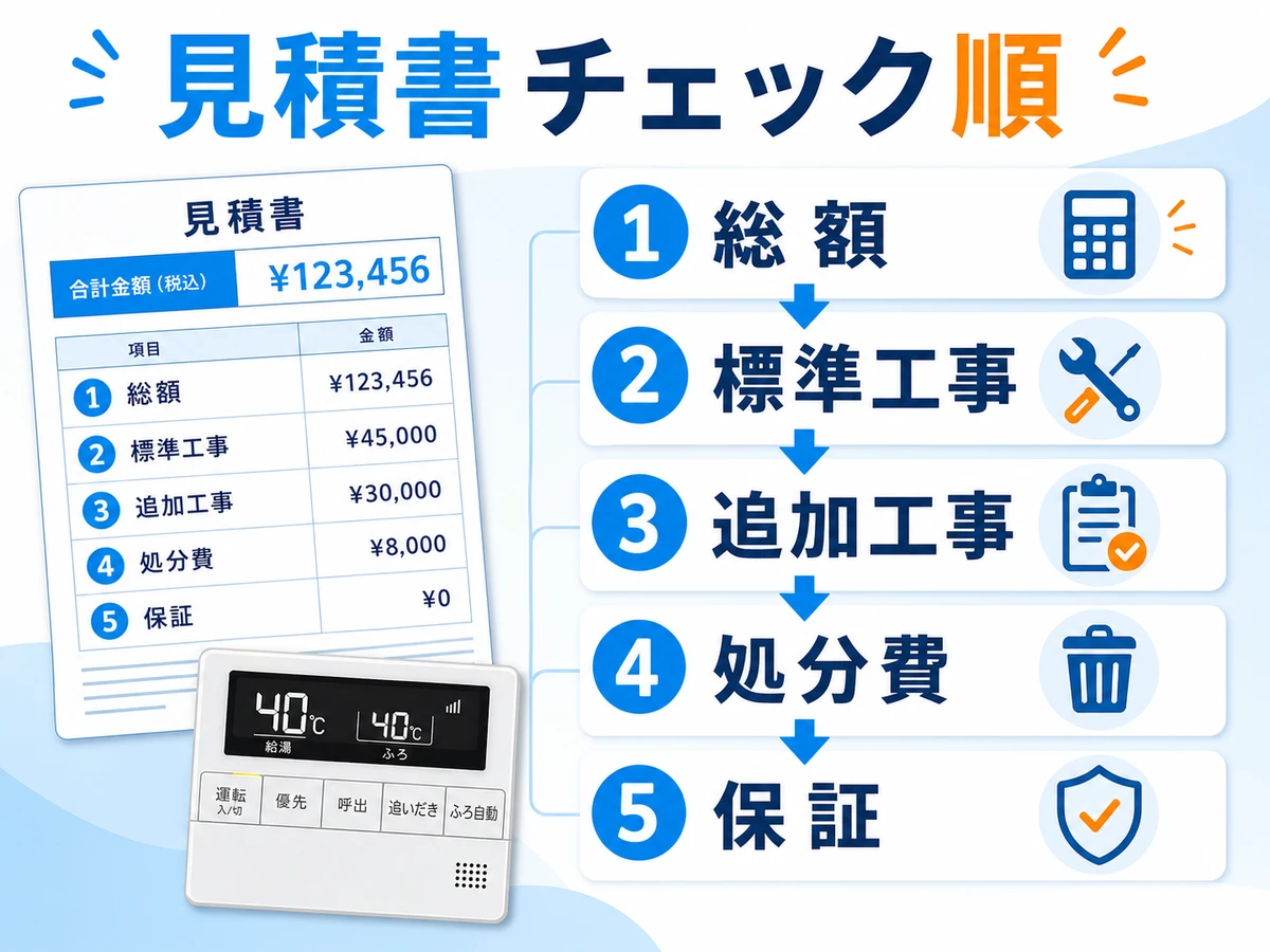 給湯器交換の見積書を総額、標準工事、追加工事、処分費、保証の順に確認する流れ