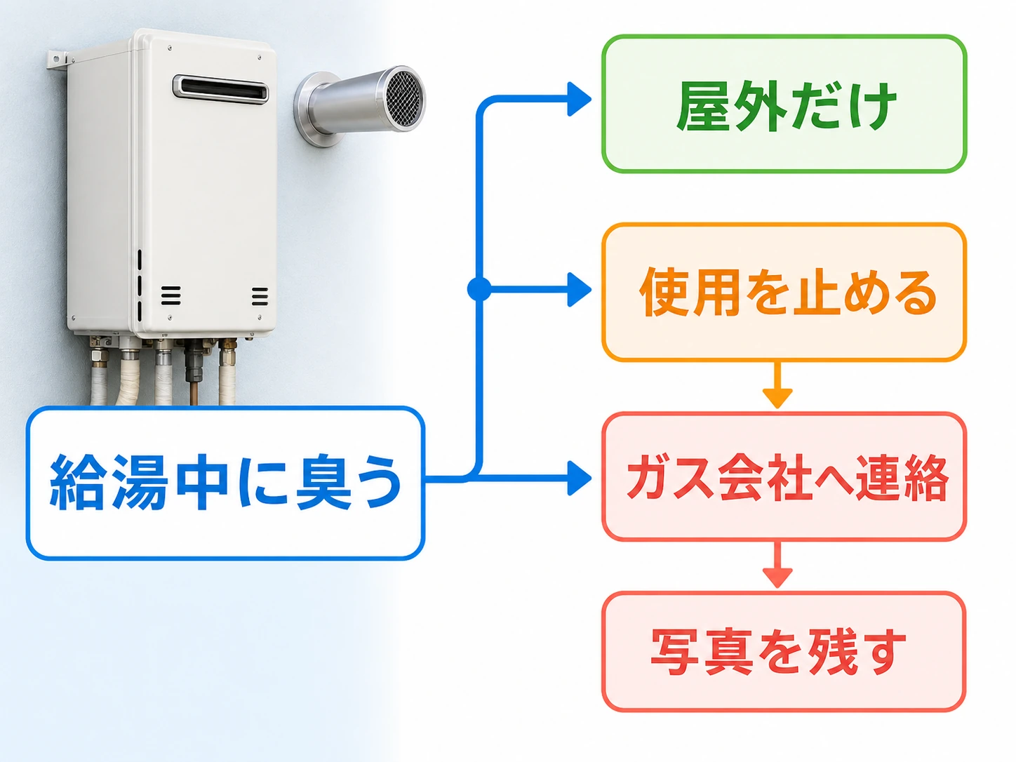 給湯中に屋外の排気が臭う時の停止、連絡、記録の分け方