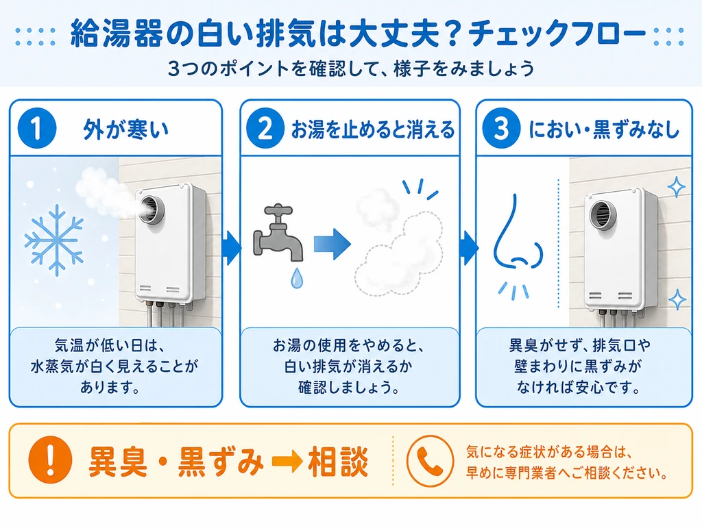白い給湯器排気を寒さ、給湯停止後の変化、においと黒ずみで確認する流れ