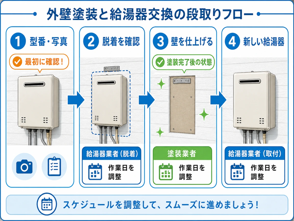 給湯器の型番写真、脱着確認、外壁の仕上げ、新しい給湯器の設置を順に示す工程図