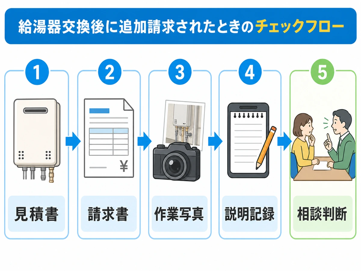 見積書、請求書、作業写真、説明記録、相談判断の順に確認する図解