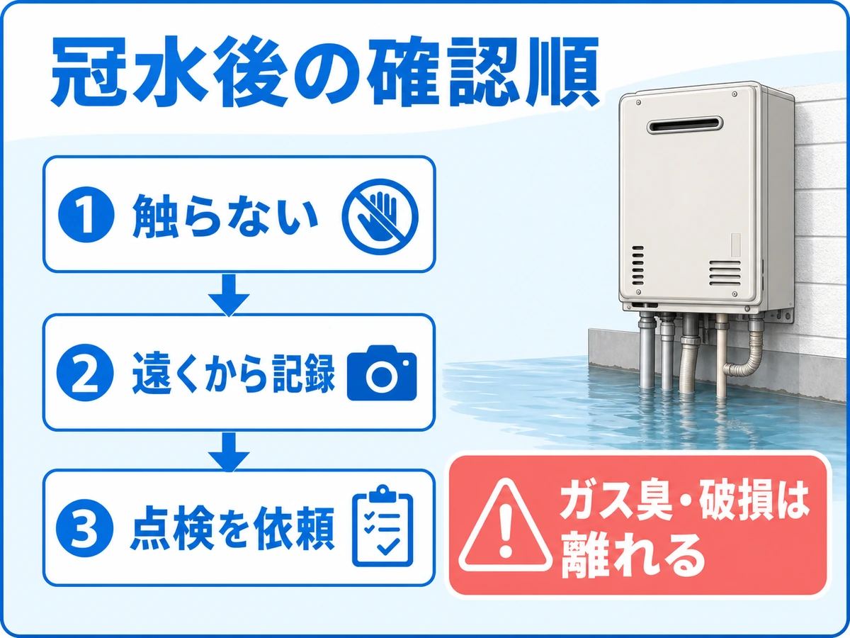 冠水後に触らず、遠くから記録し、点検を依頼する確認順の図
