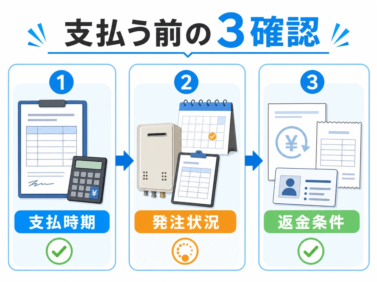 給湯器交換の全額前払い前に支払時期、発注状況、返金条件を順に確認する図