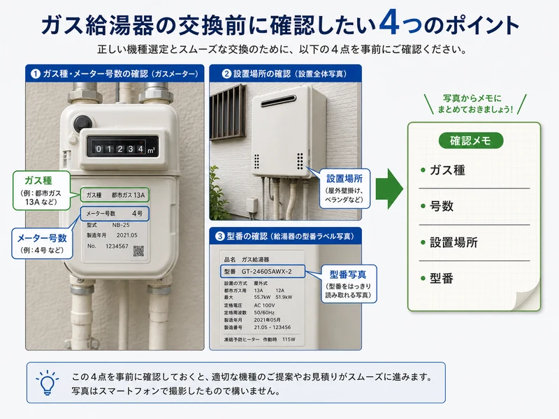 ガスメーター写真で確認するガス種、メーター号数、設置場所、型番写真の図解