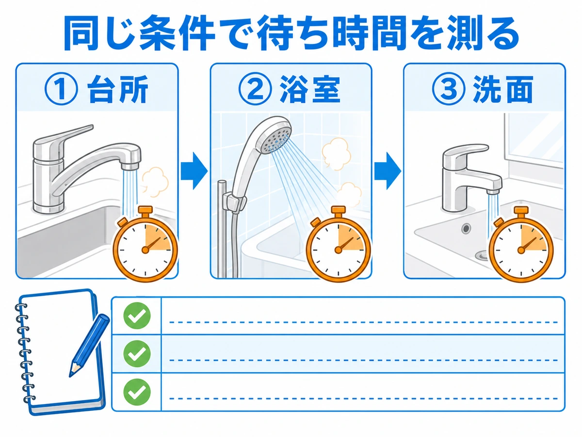 台所・浴室・洗面の順に同じ条件でお湯の待ち時間を測る図