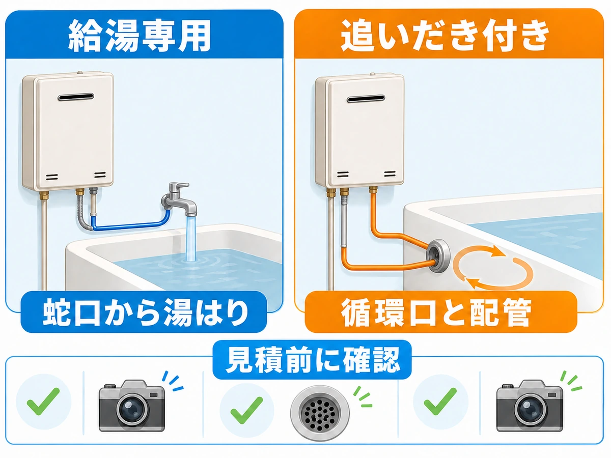 給湯専用の蛇口湯はりと追いだき付きの循環口・配管の違い