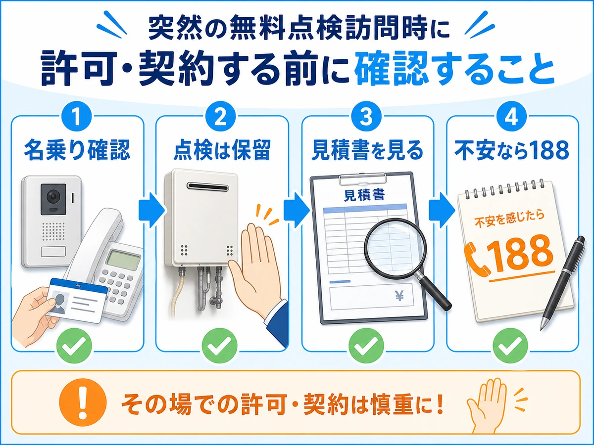 給湯器の無料点検訪問で名乗り確認、点検保留、見積書確認、188相談へ進む流れ