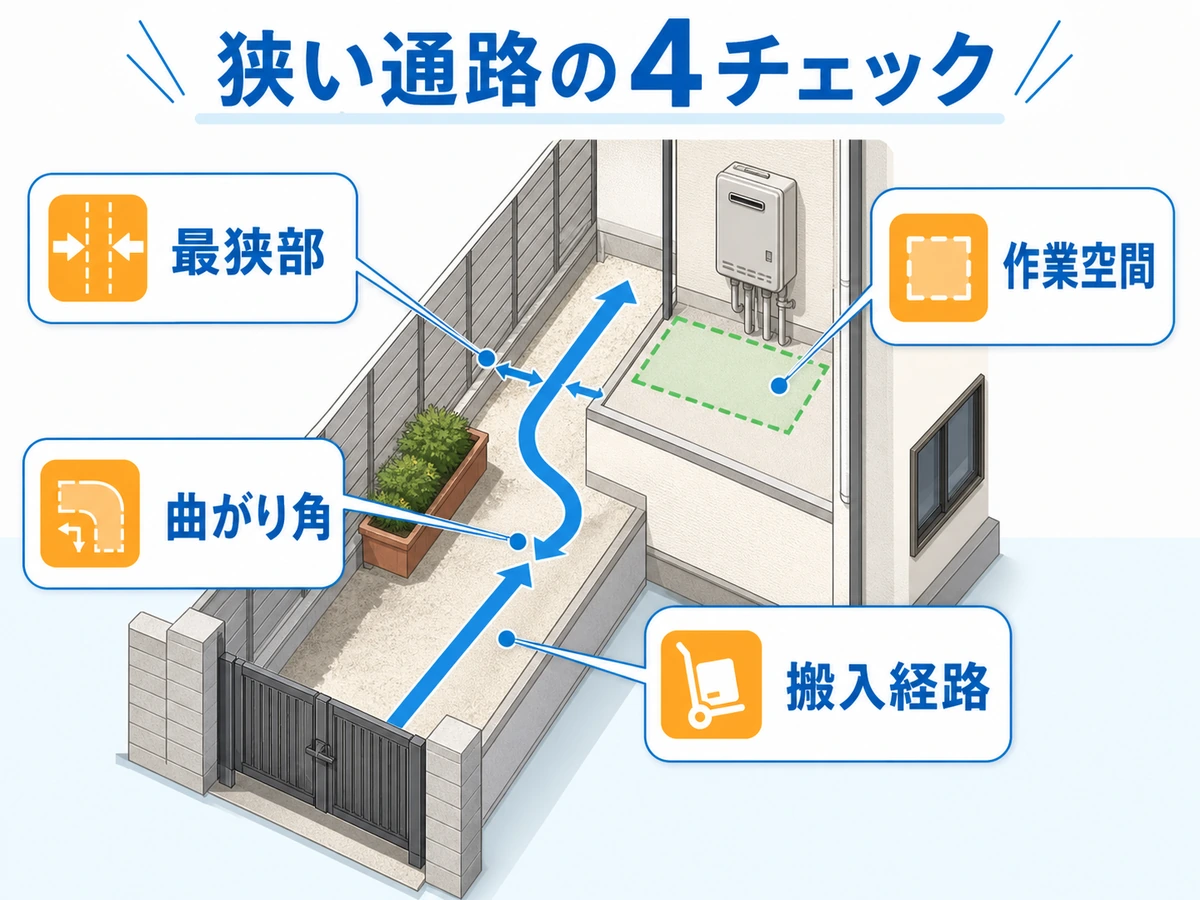 狭い通路の給湯器交換で最狭部・曲がり角・搬入経路・作業空間を確認する図
