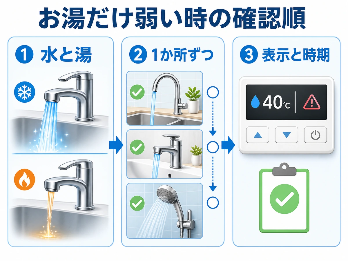 冷水とお湯を比べ、台所・洗面・浴室を1か所ずつ確認してリモコン表示と発生時期を記録する流れ