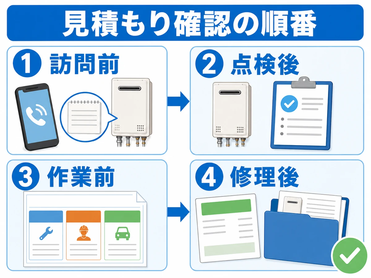 給湯器修理の見積もりを訪問前・点検後・作業前・修理後の順に確認する図
