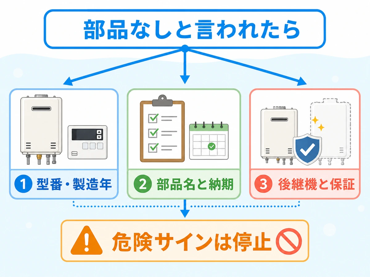 部品がないと言われた時に型番や部品名、後継機と保証を確認する流れ