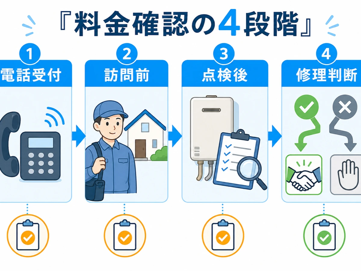給湯器修理の料金を電話受付・訪問前・点検後・修理判断の4段階で確認する図