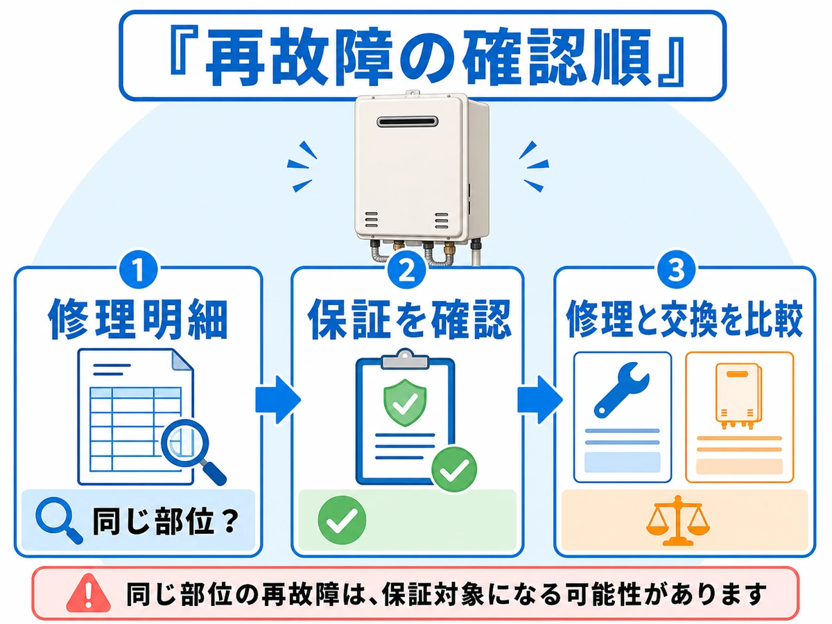 給湯器の再故障で修理明細・再発部位・保証・修理交換見積もりを確認する順序