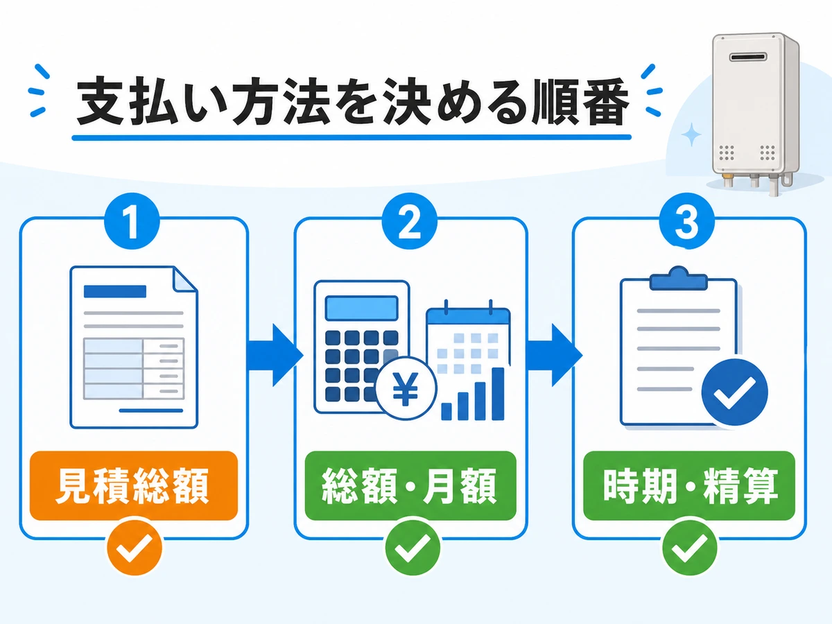 給湯器交換の支払い方法を見積総額、総額・月額、時期・精算の順で確認する図