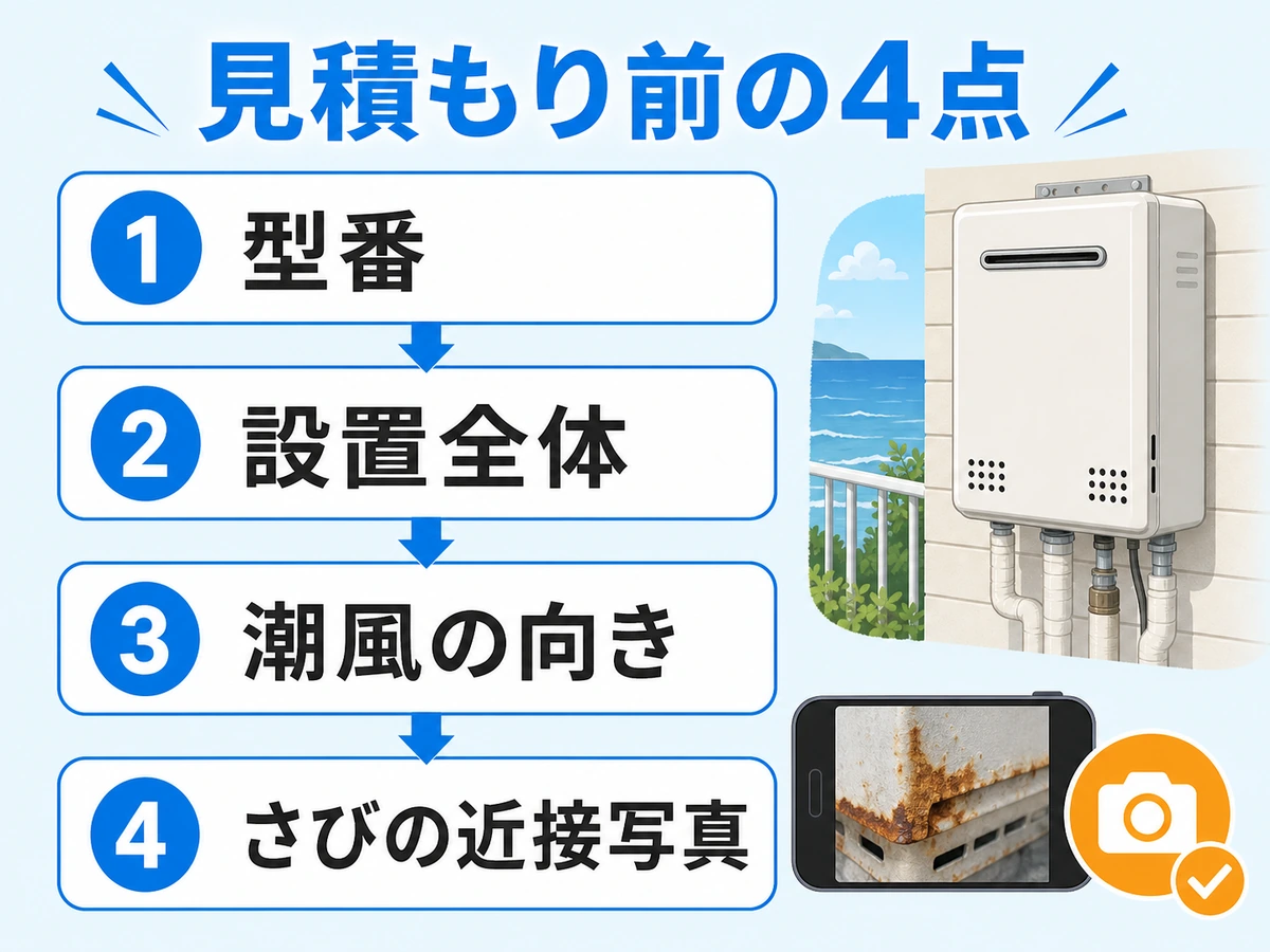 潮風が当たる給湯器の交換見積もり前に、型番、設置全体、潮風の向き、さびの近接写真をそろえる流れ