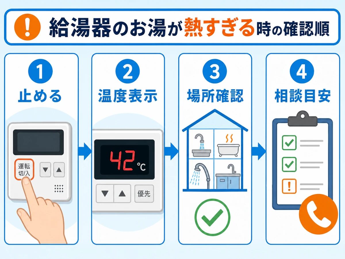 給湯器のお湯が熱すぎる時に止める、温度表示、場所確認、相談目安を順に見る図