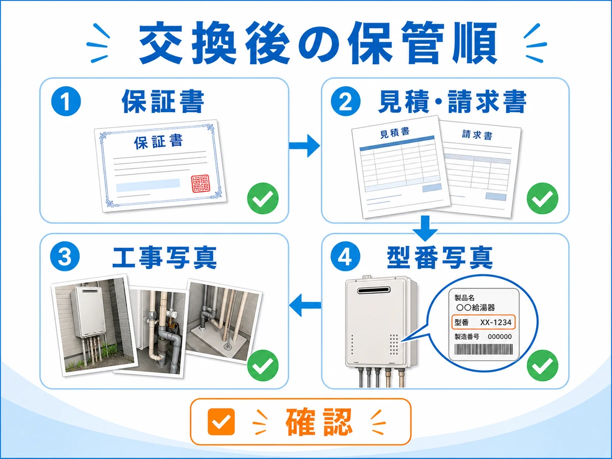 給湯器交換後に保証書、見積・請求書、工事写真、型番写真を順番に保管する図