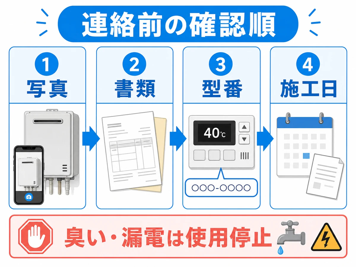 工事保証へ連絡する前に写真、書類、型番、施工日を確認する流れ