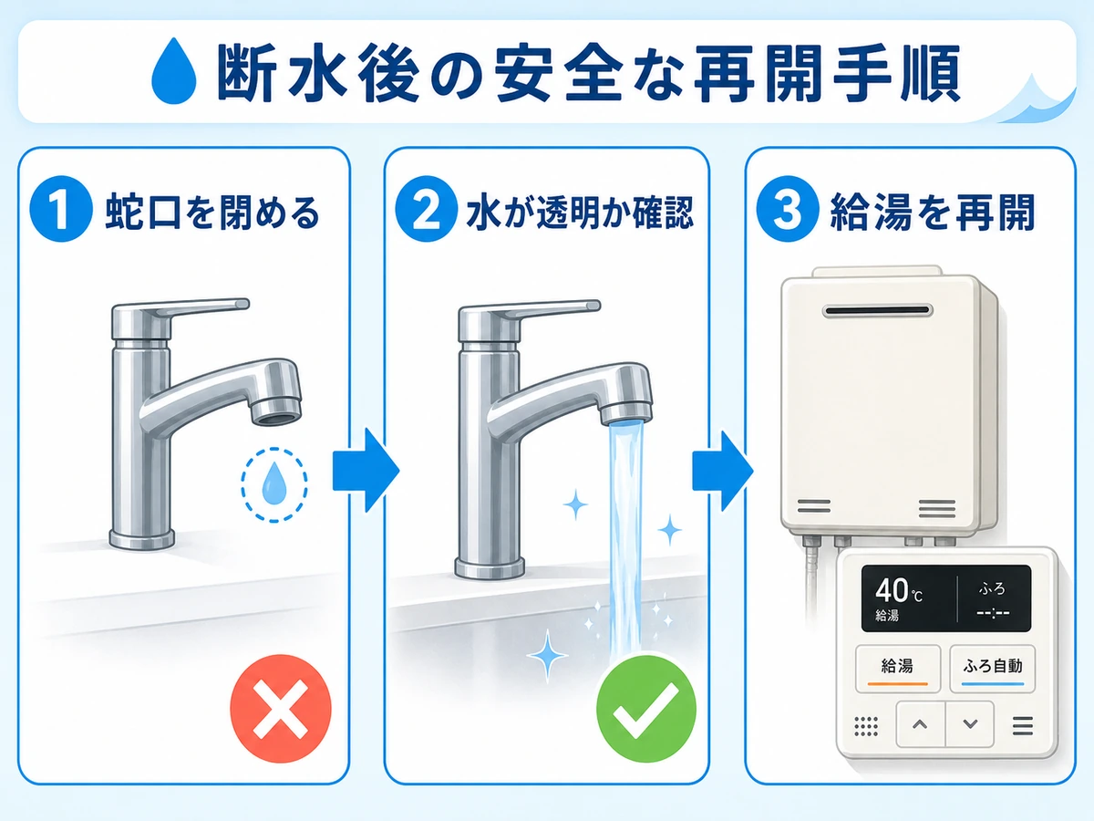 断水後に蛇口を閉め、透明な水を確認してから給湯を再開する三段階