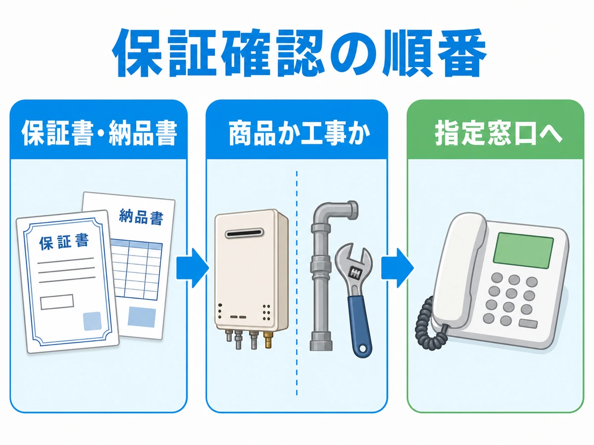 給湯器の保証書と納品書を確認し、商品故障か工事不備かを分けて指定窓口へ連絡する流れ