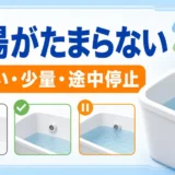 風呂自動でお湯がたまらない時の、出ない・少量・途中停止の3状態を示す浴槽とリモコン