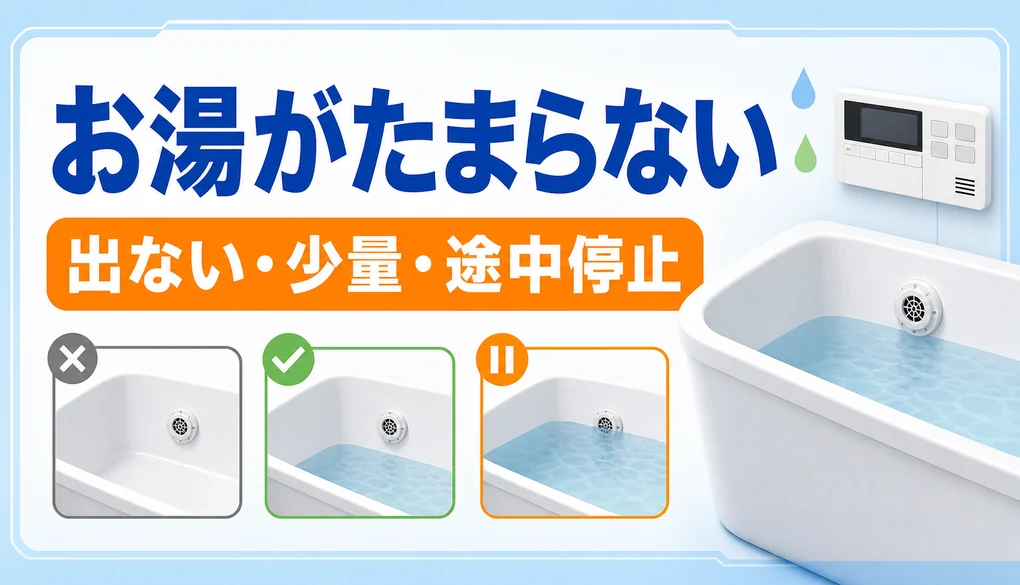 風呂自動でお湯がたまらない時の、出ない・少量・途中停止の3状態を示す浴槽とリモコン