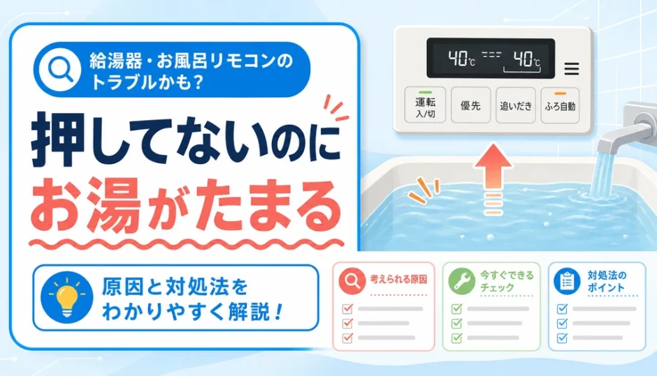 風呂自動を押してないのに浴槽へお湯がたまる時の確認を示すリモコンと浴槽水位の図