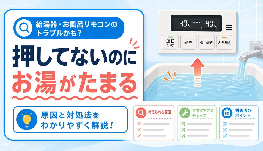 風呂自動を押してないのに浴槽へお湯がたまる時の確認を示すリモコンと浴槽水位の図