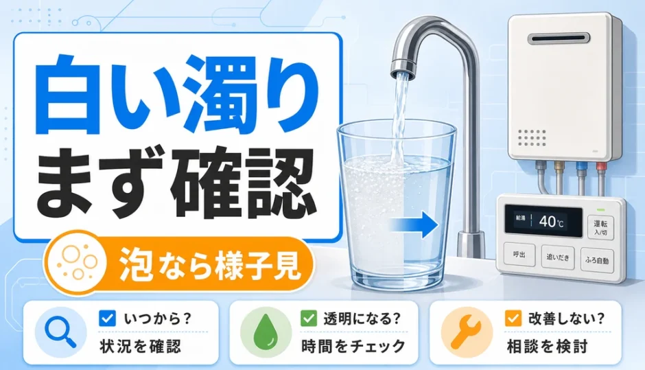 白く濁ったお湯をコップで確認する給湯器チェックの図解