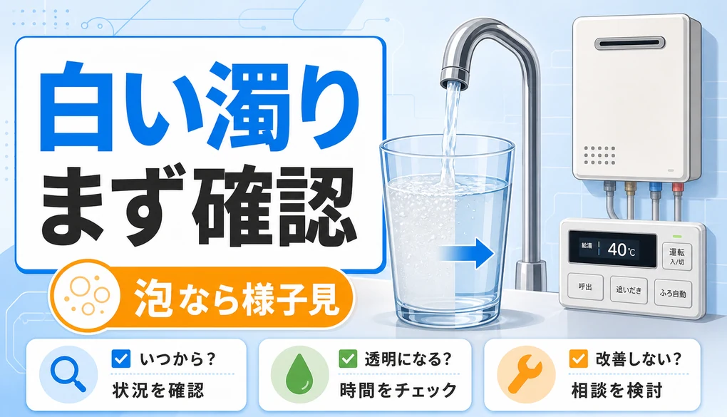 白く濁ったお湯をコップで確認する給湯器チェックの図解